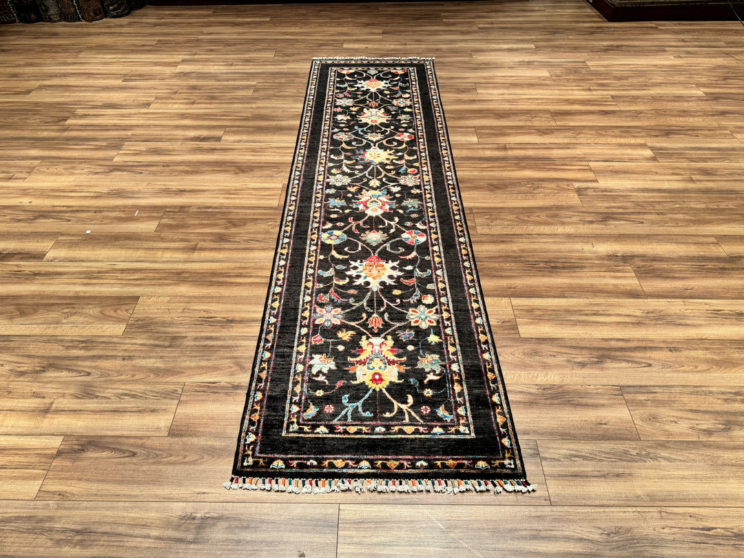 Sultani Floral Runner Original Hand Woven Black Vegetable Dyed Wool Carpet 0.81x298 2.41 Square Meters - 2x9 ft