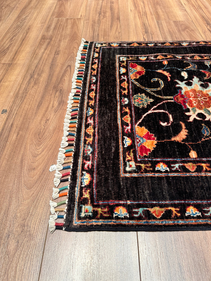 Sultani Floral Runner Original Hand Woven Black Vegetable Dyed Wool Carpet 0.81x298 2.41 Square Meters - 2x9 ft