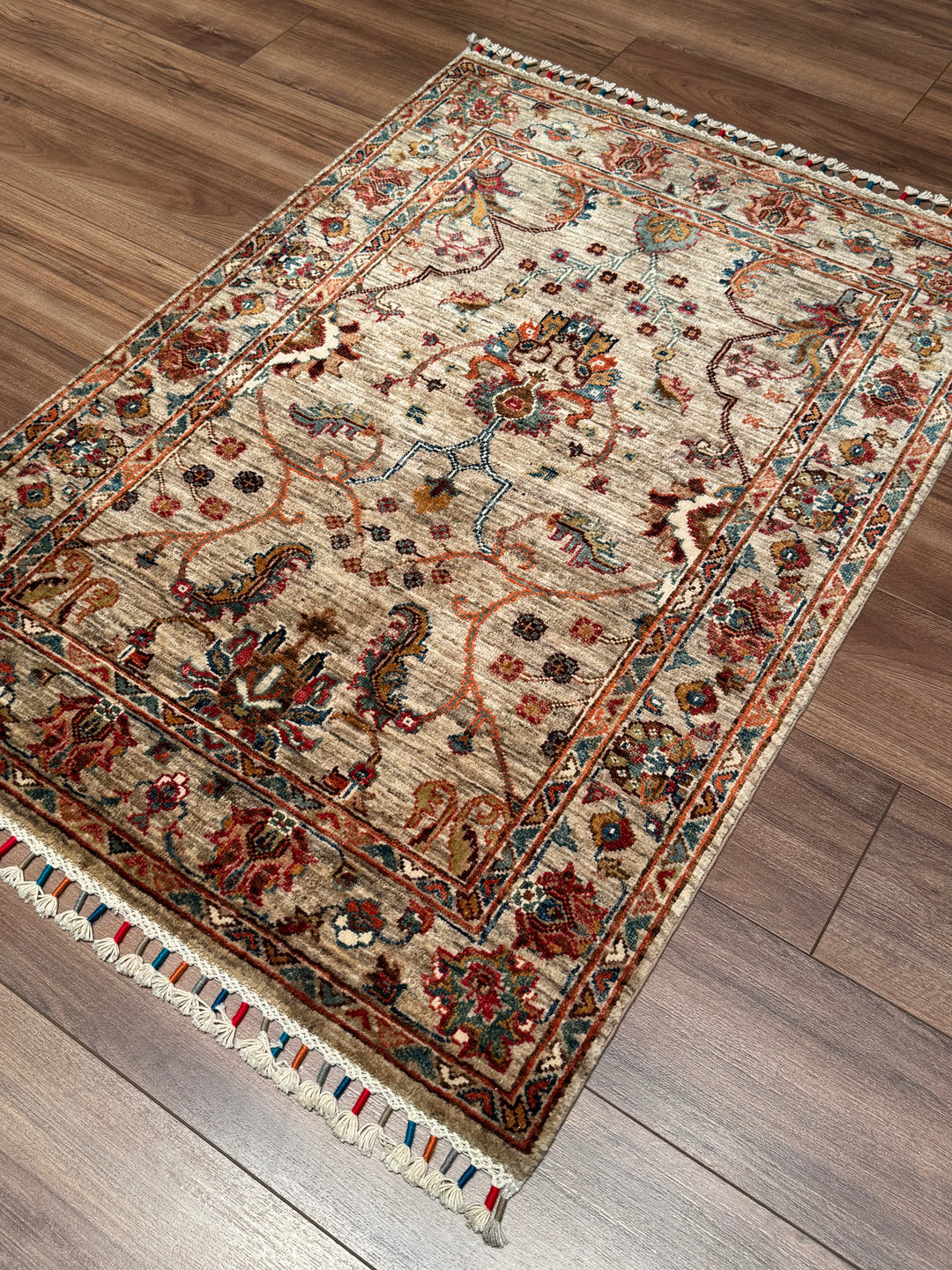 Sultani Binbirgece Original Hand-Woven Beige Vegetable Dyed Wool Carpet 0.89x126 1.12 Square Meters - 3x4 ft