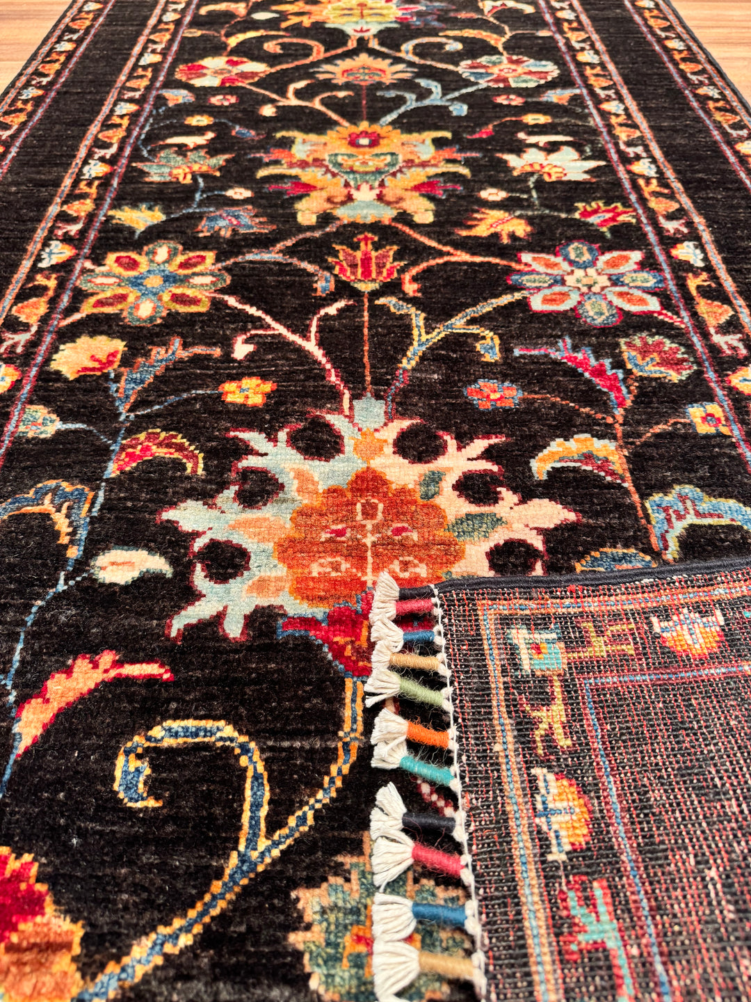 Sultani Floral Runner Original Hand Woven Black Vegetable Dyed Wool Carpet 0.81x298 2.41 Square Meters - 2x9 ft