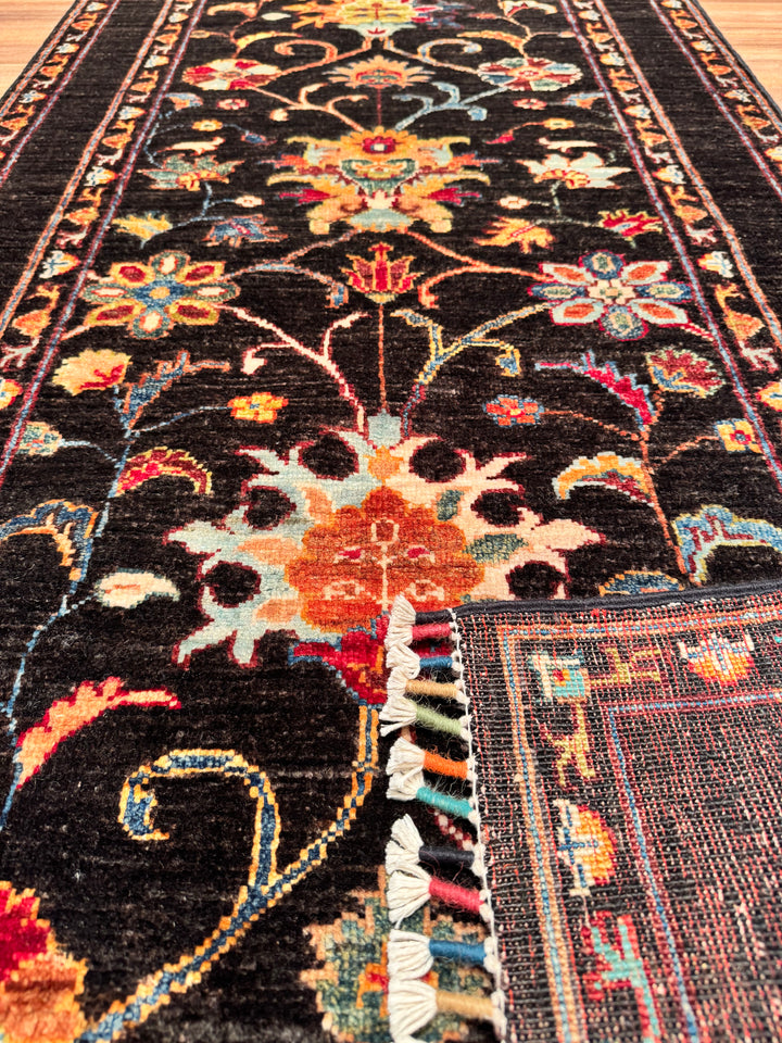 Sultani Floral Runner Original Hand Woven Black Vegetable Dyed Wool Carpet 0.81x298 2.41 Square Meters - 2x9 ft