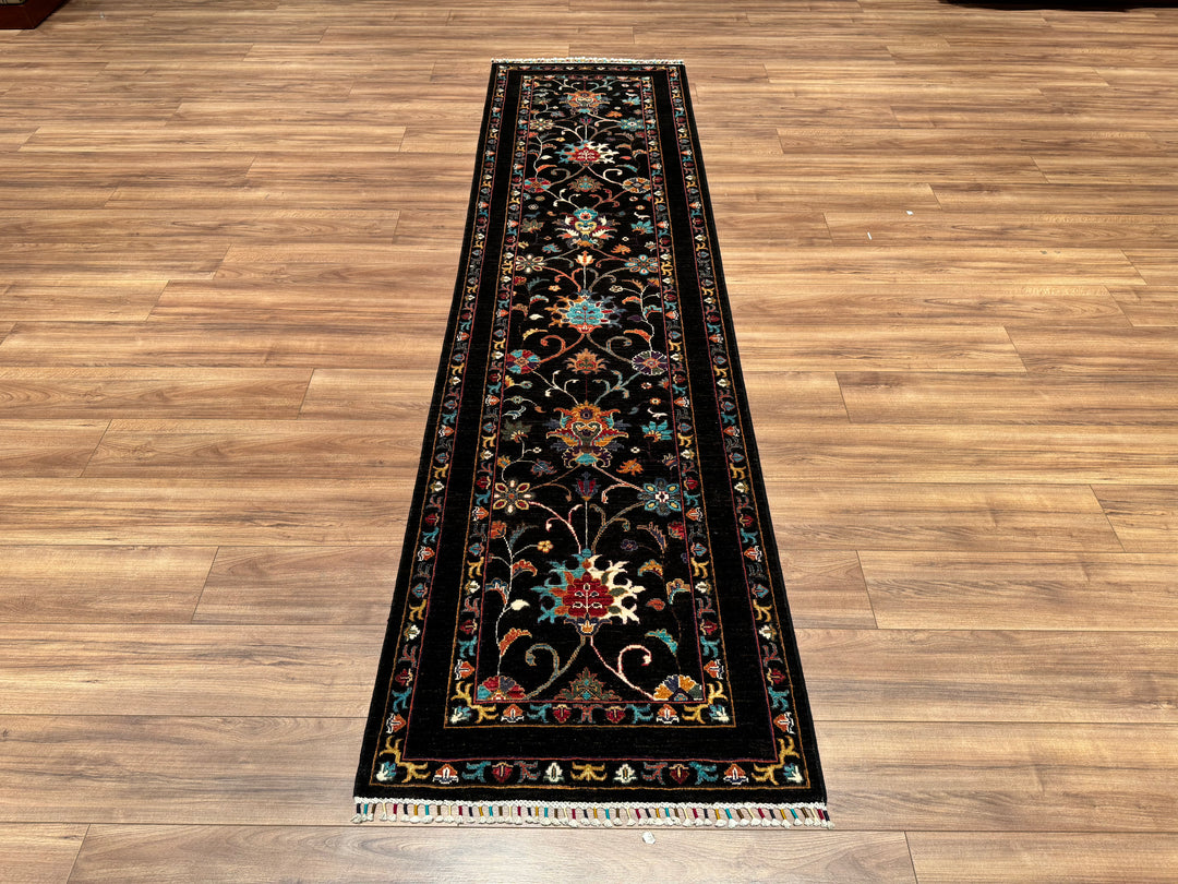 Sultani Floral Runner Original Hand Woven Black Vegetable Dyed Wool Carpet 0.81x302 2.45 Square Meters - 2x10 ft