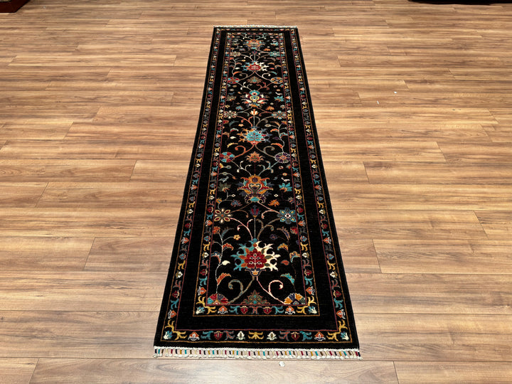 Sultani Floral Runner Original Hand Woven Black Vegetable Dyed Wool Carpet 0.81x302 2.45 Square Meters - 2x10 ft