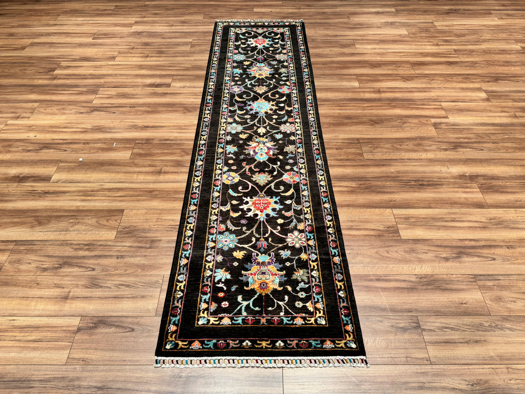 Sultani Floral Runner Original Hand Woven Black Vegetable Dyed Wool Carpet 0.81x302 2.45 Square Meters - 2x10 ft