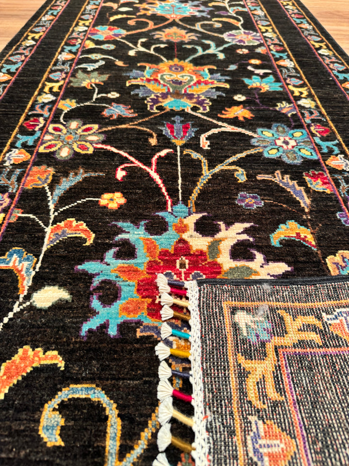 Sultani Floral Runner Original Hand Woven Black Vegetable Dyed Wool Carpet 0.81x302 2.45 Square Meters - 2x10 ft