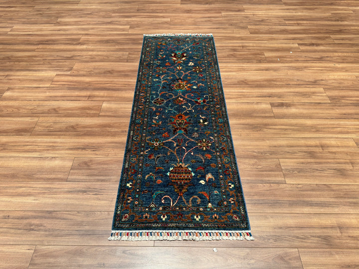 سجادة صوفية أصلية منسوجة يدويًا من Sultani Floral Runner باللون الأزرق مقاس 0.77 × 216 متر مربع - 2 × 7 قدم 