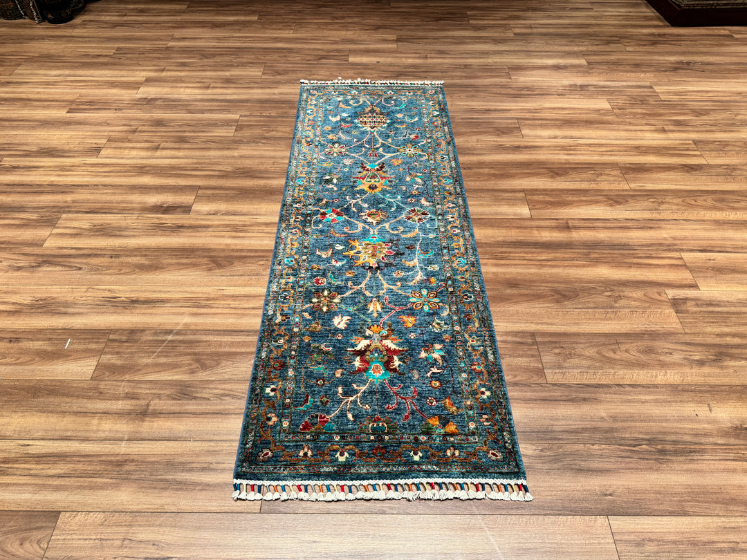 سجادة صوفية أصلية منسوجة يدويًا من Sultani Floral Runner باللون الأزرق مقاس 0.77 × 216 متر مربع - 2 × 7 قدم 