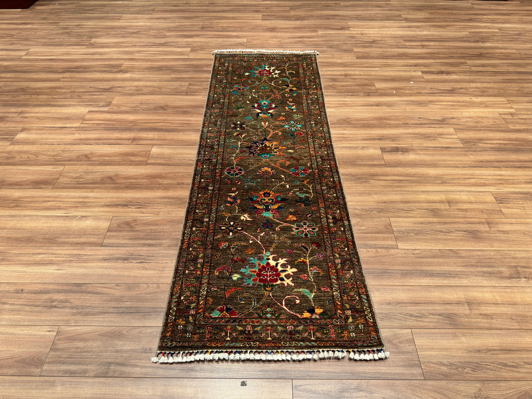 Sultani Floral Runner Original Hand Woven Brown Vegetable Dyed Wool Carpet 0.83x248 2.06 Square Meters - 2x8 ft