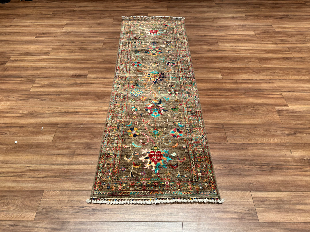 Sultani Floral Runner Original Hand Woven Brown Vegetable Dyed Wool Carpet 0.83x248 2.06 Square Meters - 2x8 ft