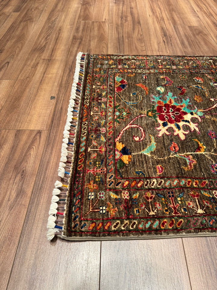 Sultani Floral Runner Original Hand Woven Brown Vegetable Dyed Wool Carpet 0.83x248 2.06 Square Meters - 2x8 ft