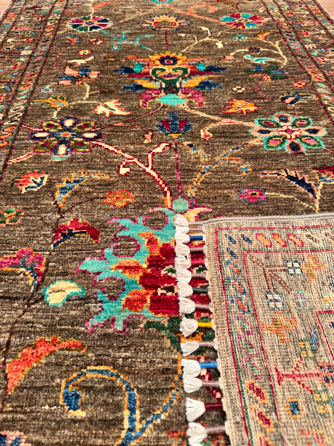 Sultani Floral Runner Original Hand Woven Brown Vegetable Dyed Wool Carpet 0.83x248 2.06 Square Meters - 2x8 ft