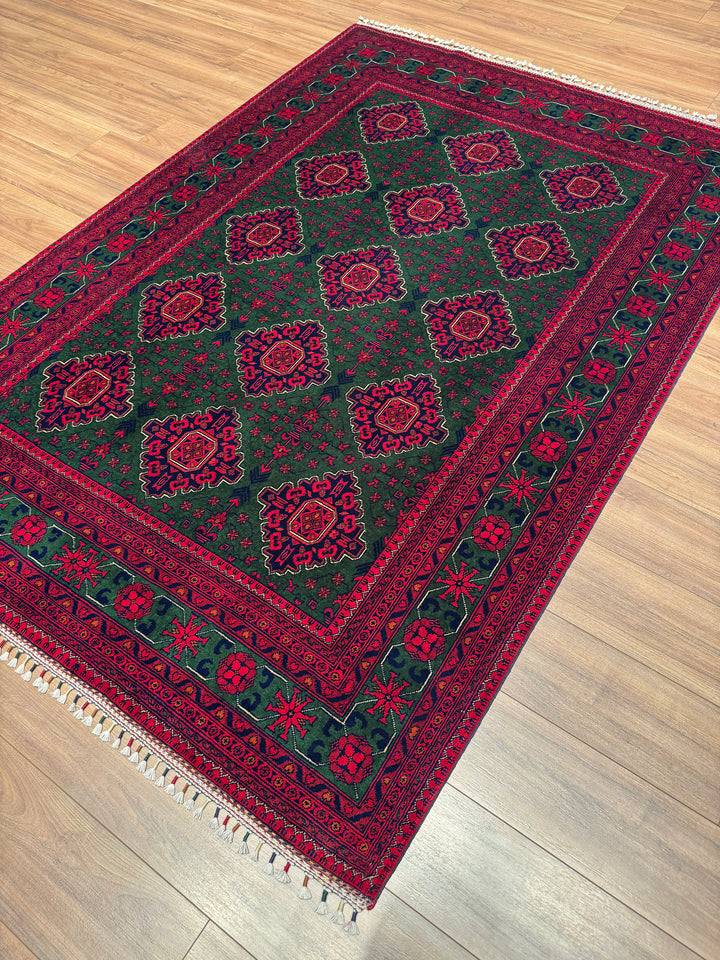Afghan Carpet Green Hamyap Original Hand-Woven Vegetable Dyed Wool 169x243 4.11 Square Meters - 5x7 ft