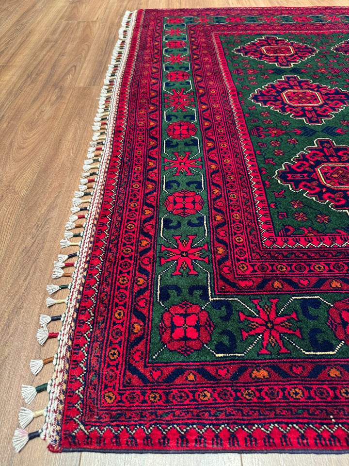 Afghan Carpet Green Hamyap Original Hand-Woven Vegetable Dyed Wool 169x243 4.11 Square Meters - 5x7 ft