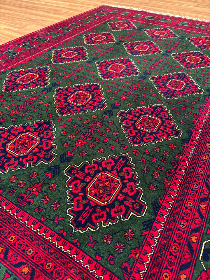 Afghan Carpet Green Hamyap Original Hand-Woven Vegetable Dyed Wool 169x243 4.11 Square Meters - 5x7 ft