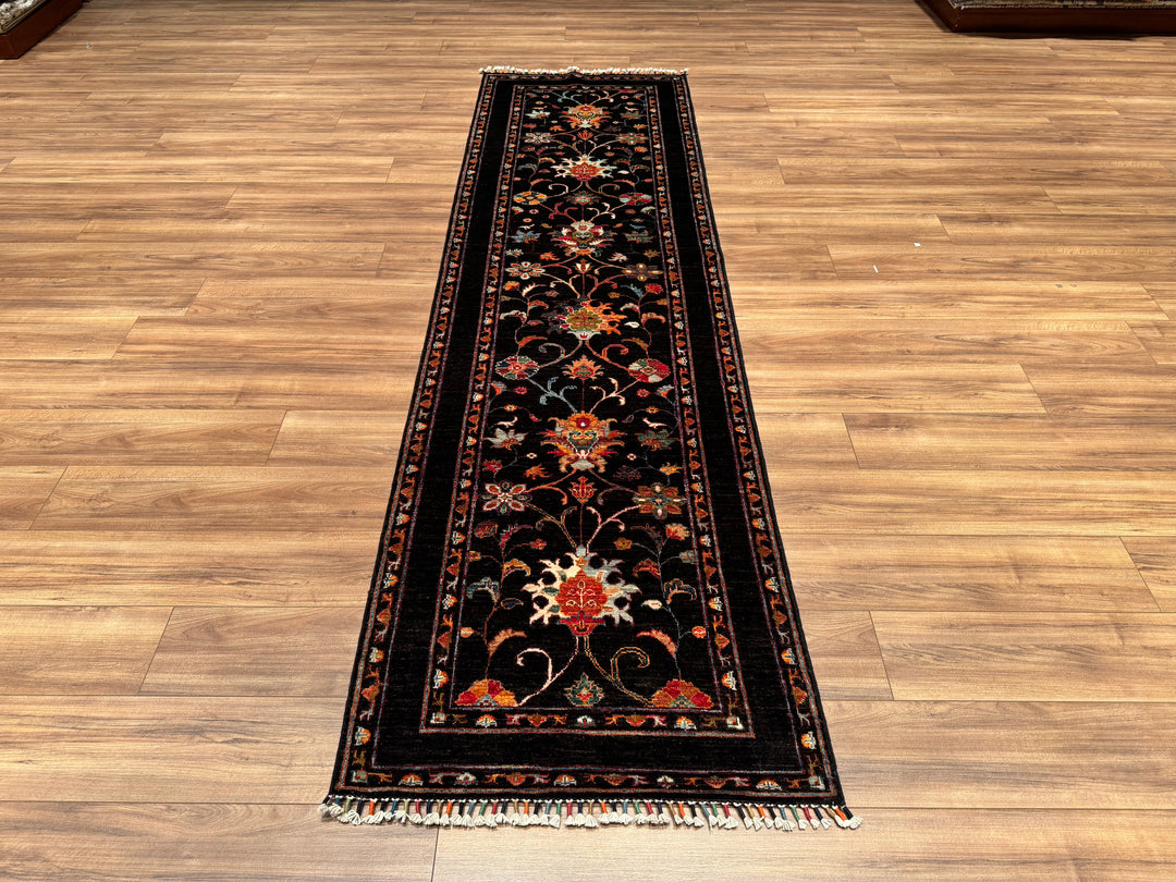 Sultani Floral Runner Original Hand Woven Black Vegetable Dyed Wool Carpet 0.86x305 2.62 Square Meters - 2x10 ft