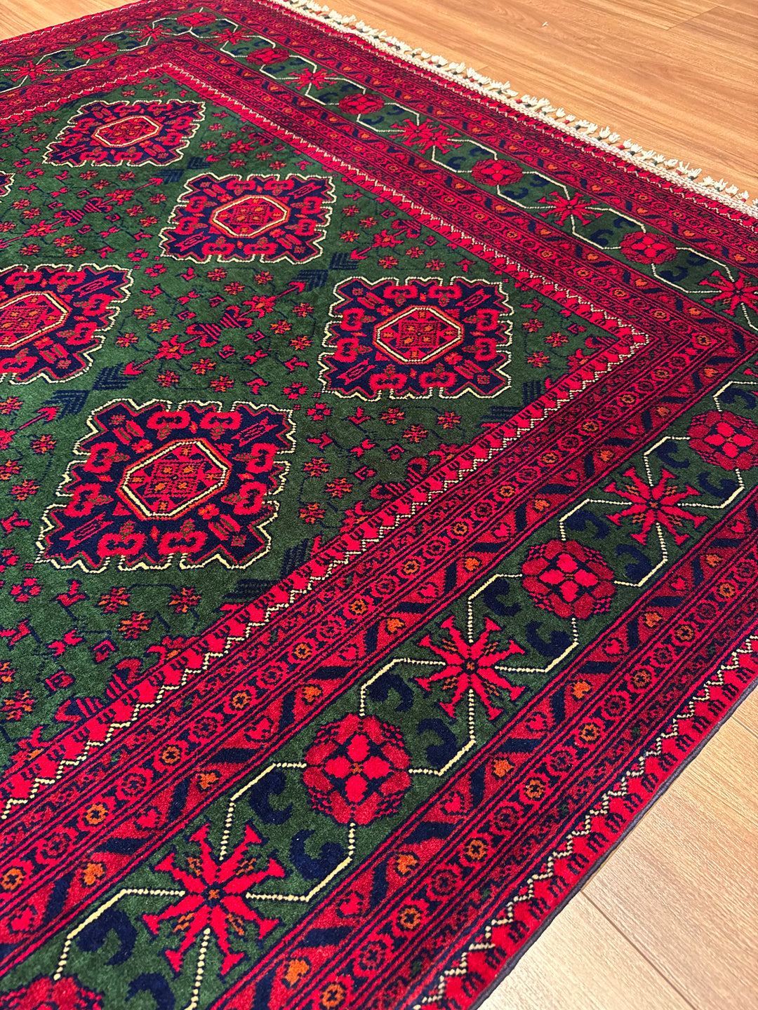 Afghan Carpet Green Hamyap Original Hand-Woven Vegetable Dyed Wool 169x243 4.11 Square Meters - 5x7 ft