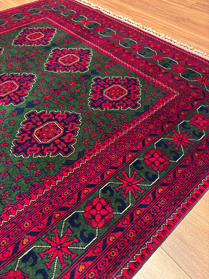 Afghan Carpet Green Hamyap Original Hand-Woven Vegetable Dyed Wool 169x243 4.11 Square Meters - 5x7 ft