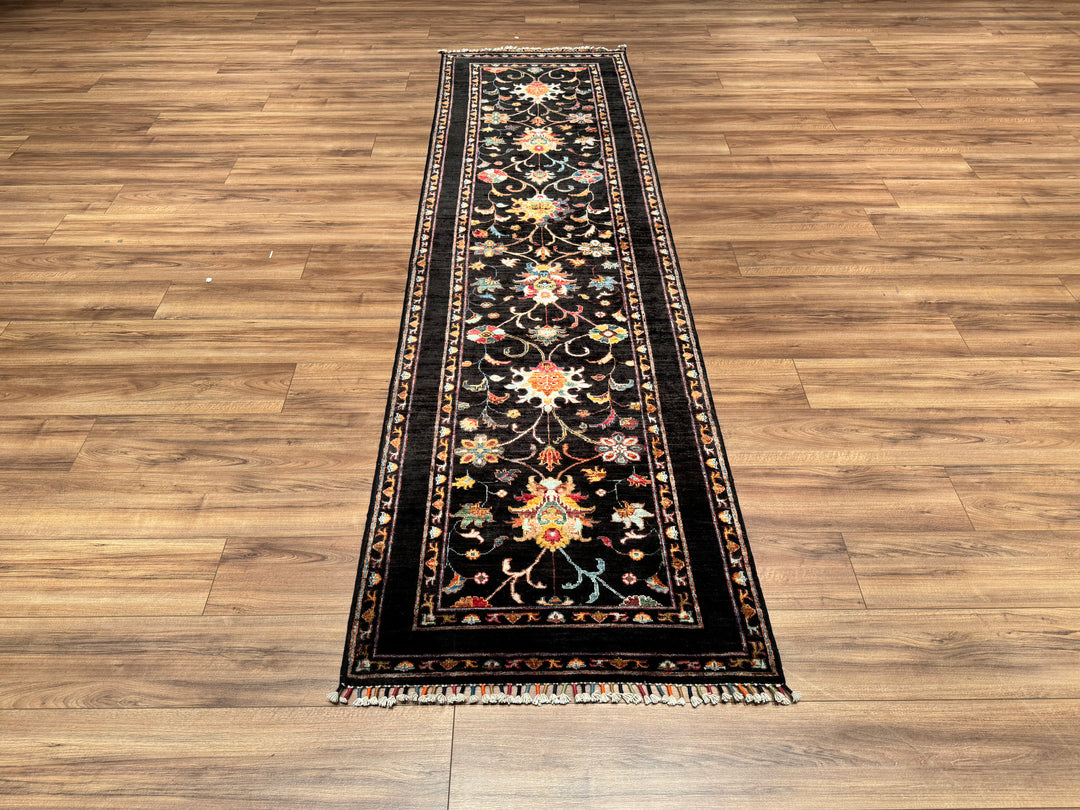 Sultani Floral Runner Original Hand Woven Black Vegetable Dyed Wool Carpet 0.86x305 2.62 Square Meters - 2x10 ft