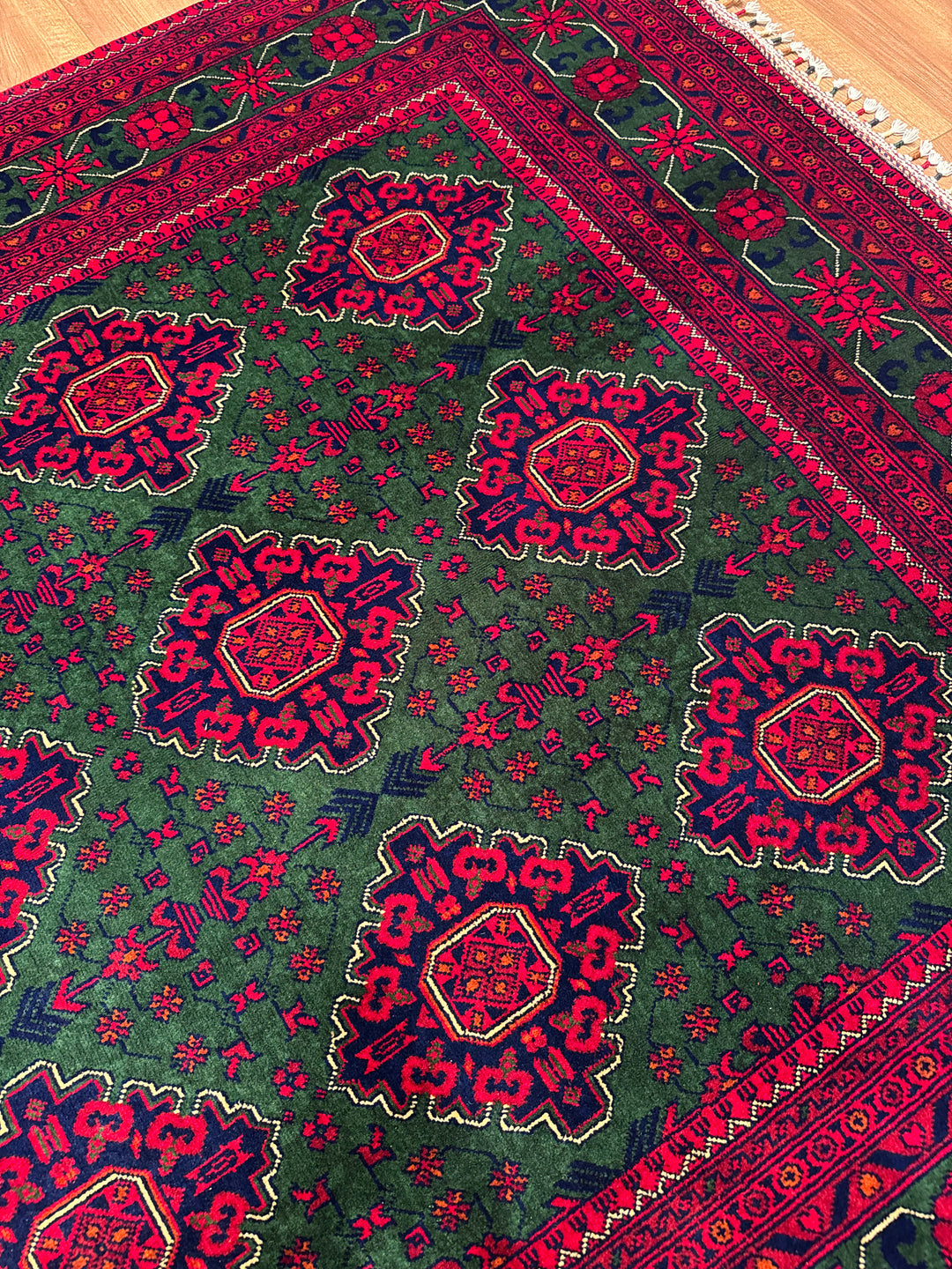 Afghan Carpet Green Hamyap Original Hand-Woven Vegetable Dyed Wool 169x243 4.11 Square Meters - 5x7 ft