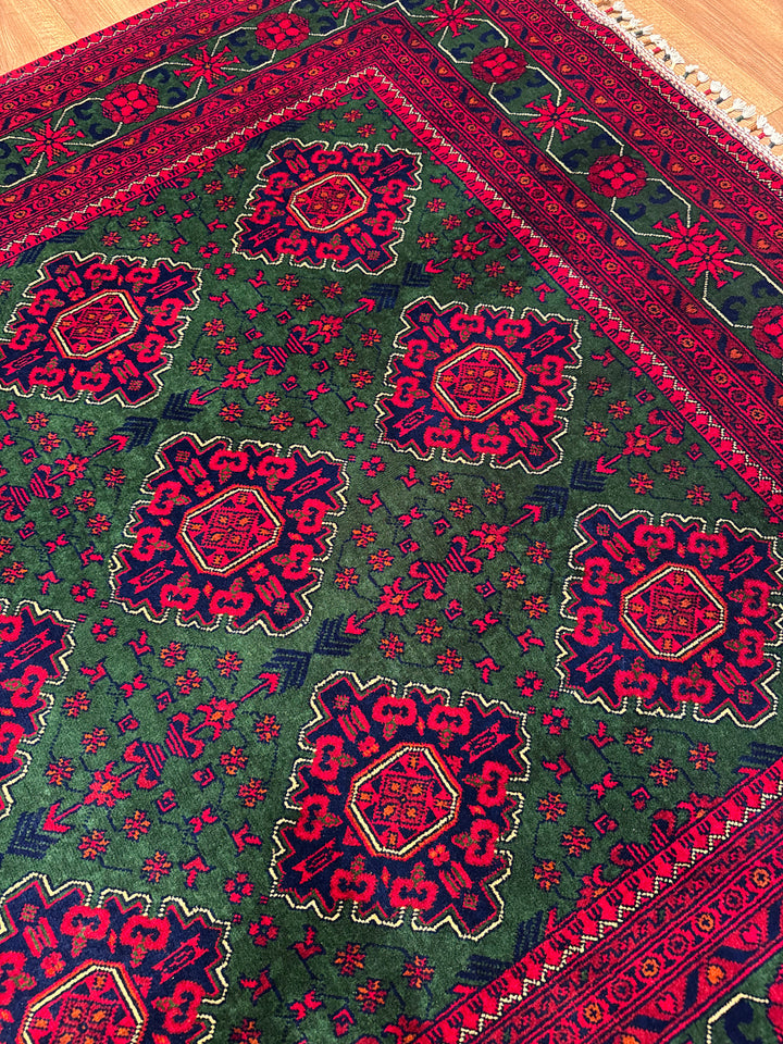 Afghan Carpet Green Hamyap Original Hand-Woven Vegetable Dyed Wool 169x243 4.11 Square Meters - 5x7 ft