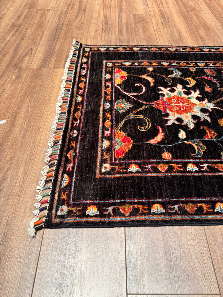 Sultani Floral Runner Original Hand Woven Black Vegetable Dyed Wool Carpet 0.86x305 2.62 Square Meters - 2x10 ft