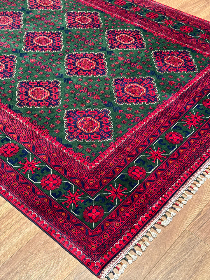 Afghan Carpet Green Hamyap Original Hand-Woven Vegetable Dyed Wool 169x243 4.11 Square Meters - 5x7 ft