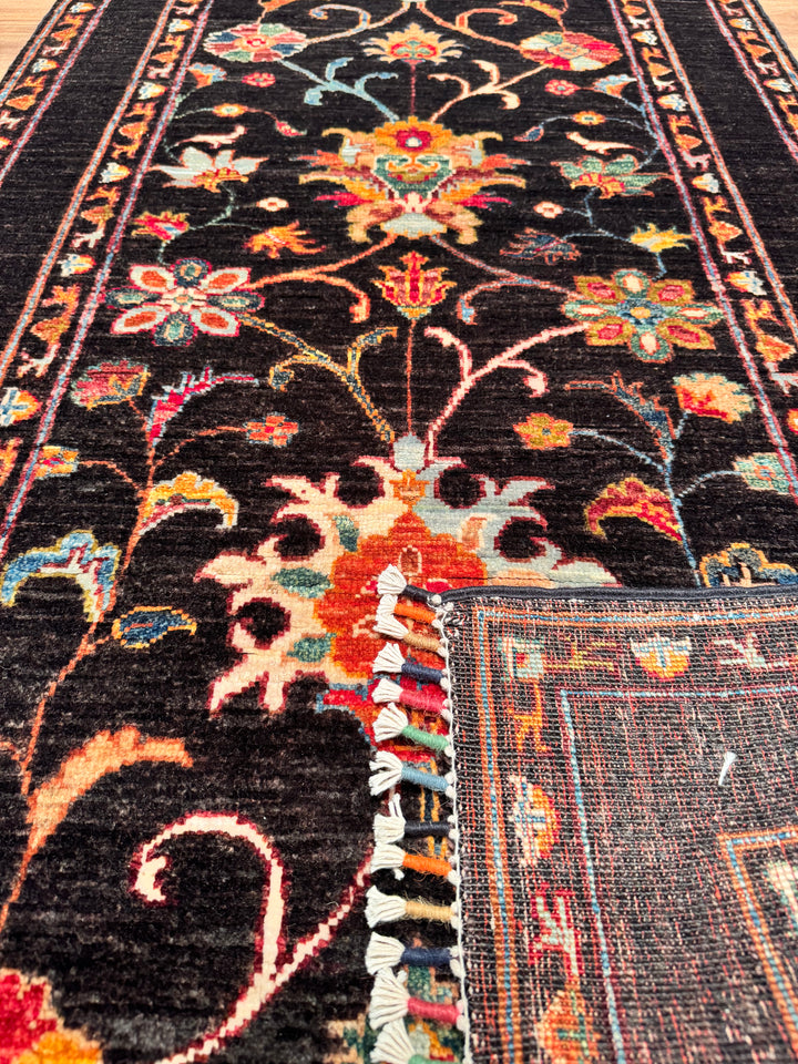 Sultani Floral Runner Original Hand Woven Black Vegetable Dyed Wool Carpet 0.86x305 2.62 Square Meters - 2x10 ft