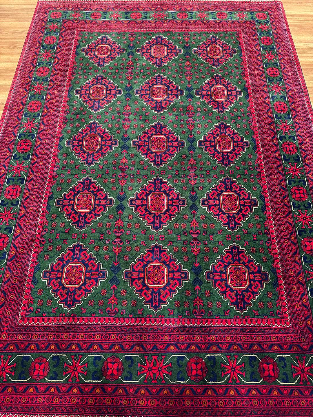 Afghan Carpet Green Hamyap Original Hand-Woven Vegetable Dyed Wool 169x243 4.11 Square Meters - 5x7 ft