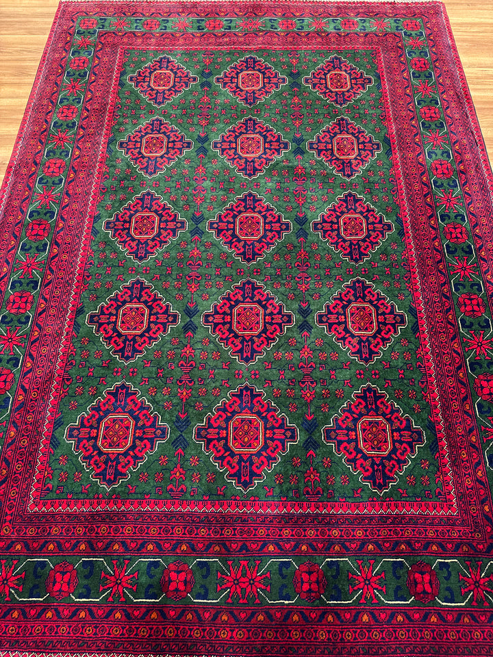 Afghan Carpet Green Hamyap Original Hand-Woven Vegetable Dyed Wool 169x243 4.11 Square Meters - 5x7 ft
