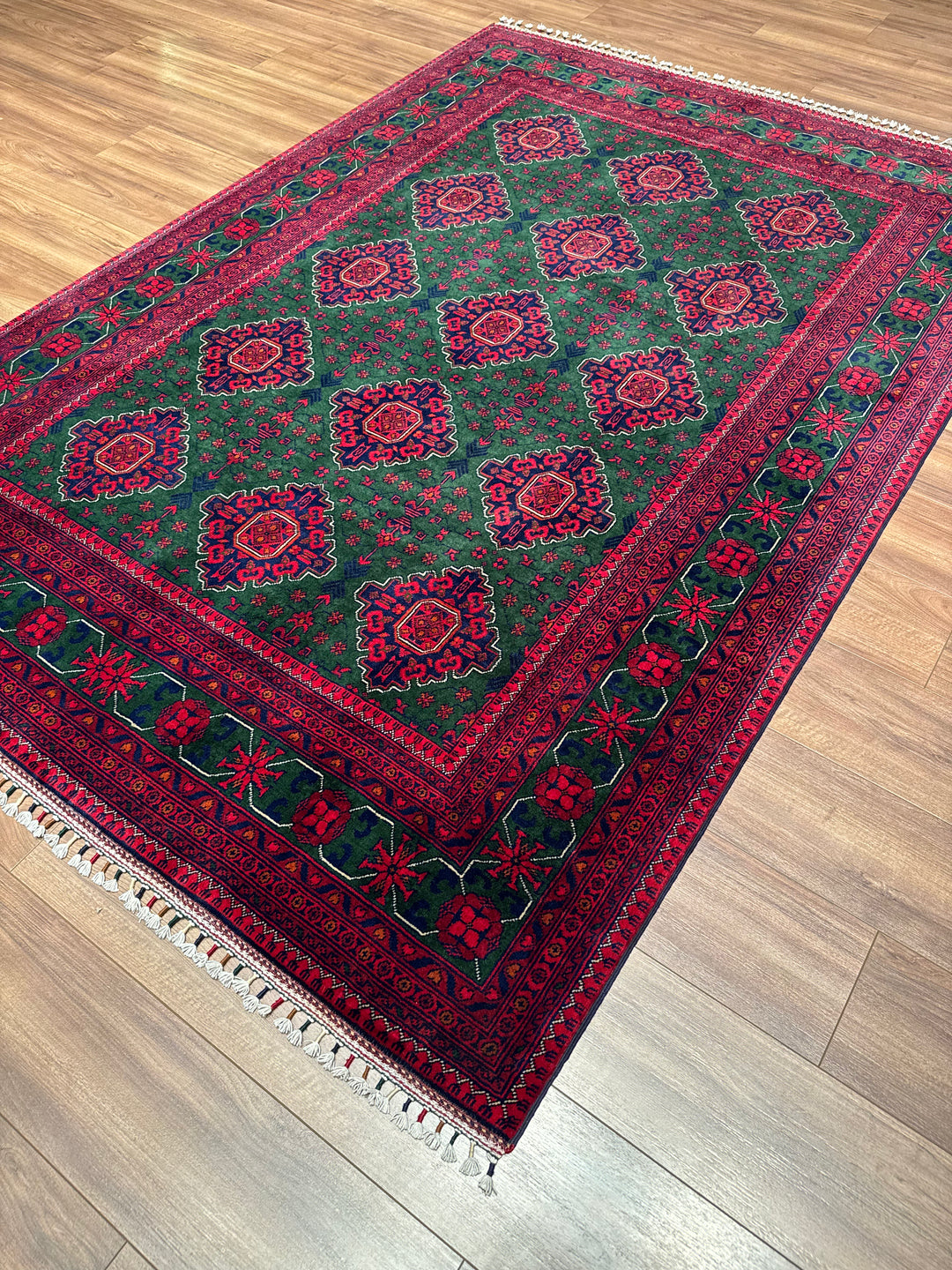 Afghan Carpet Green Hamyap Original Hand-Woven Vegetable Dyed Wool 169x243 4.11 Square Meters - 5x7 ft