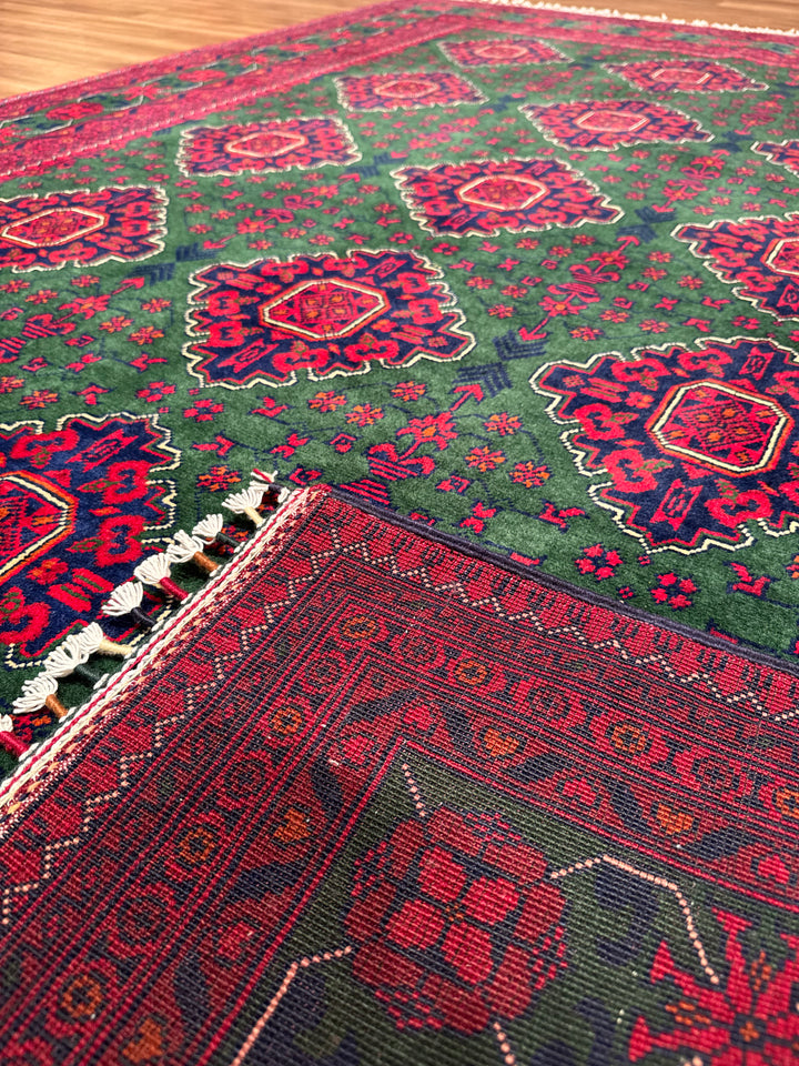 Afghan Carpet Green Hamyap Original Hand-Woven Vegetable Dyed Wool 169x243 4.11 Square Meters - 5x7 ft