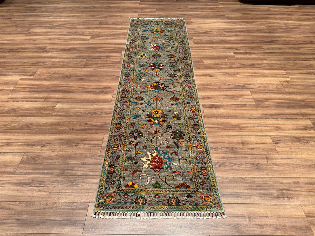 Sultani Floral Runner Original Hand Woven Gray Vegetable Dyed Wool Carpet 0.82x291 2.39 Square Meters - 2x10 ft