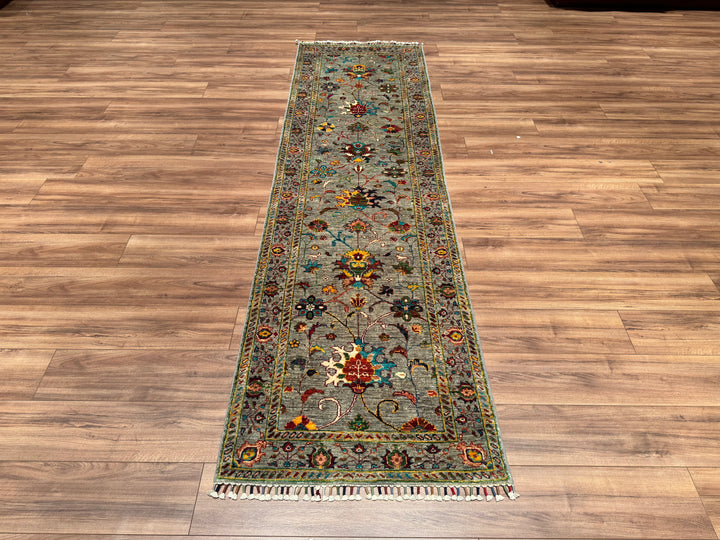 Sultani Floral Runner Original Hand Woven Gray Vegetable Dyed Wool Carpet 0.82x291 2.39 Square Meters - 2x10 ft