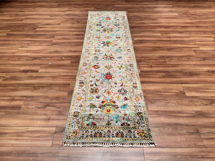 Sultani Floral Runner Original Hand Woven Gray Vegetable Dyed Wool Carpet 0.82x291 2.39 Square Meters - 2x10 ft