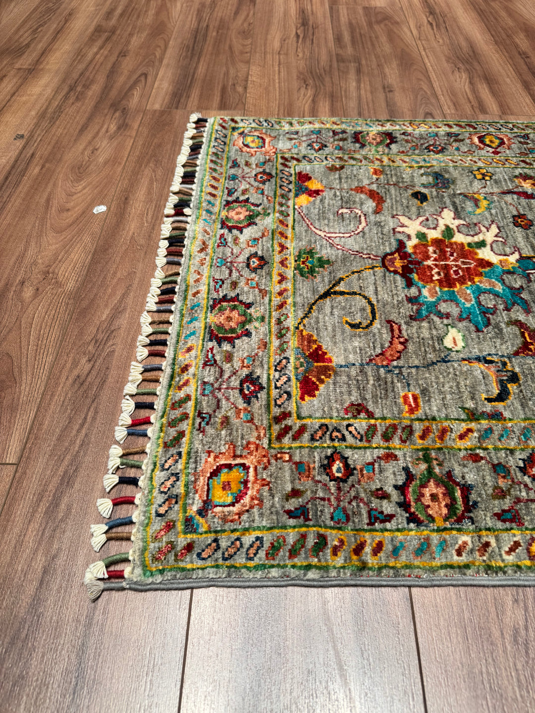 Sultani Floral Runner Original Hand Woven Gray Vegetable Dyed Wool Carpet 0.82x291 2.39 Square Meters - 2x10 ft