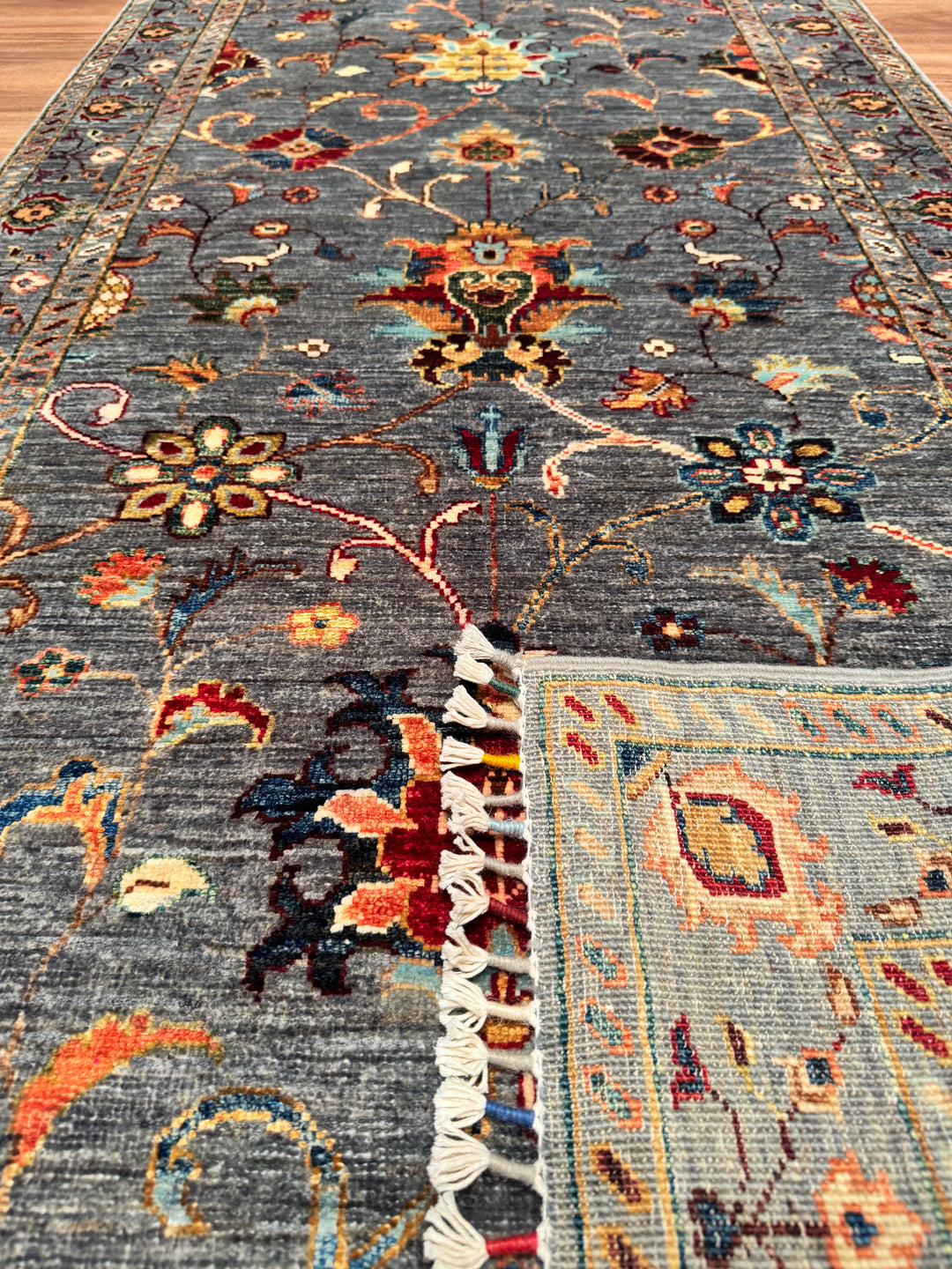 Sultani Floral Long Runner Original Hand Woven Gray Vegetable Dyed Wool Carpet 0.82x395 3.24 Square Meters - 2x13 ft