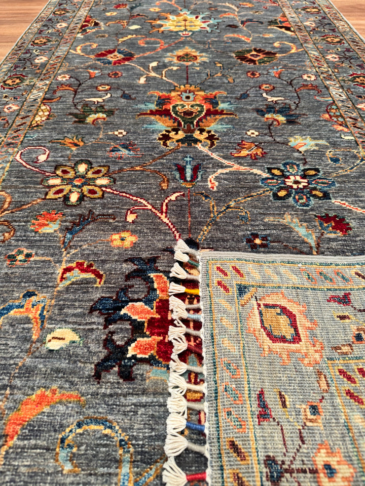 Sultani Floral Long Runner Original Hand Woven Gray Vegetable Dyed Wool Carpet 0.82x395 3.24 Square Meters - 2x13 ft