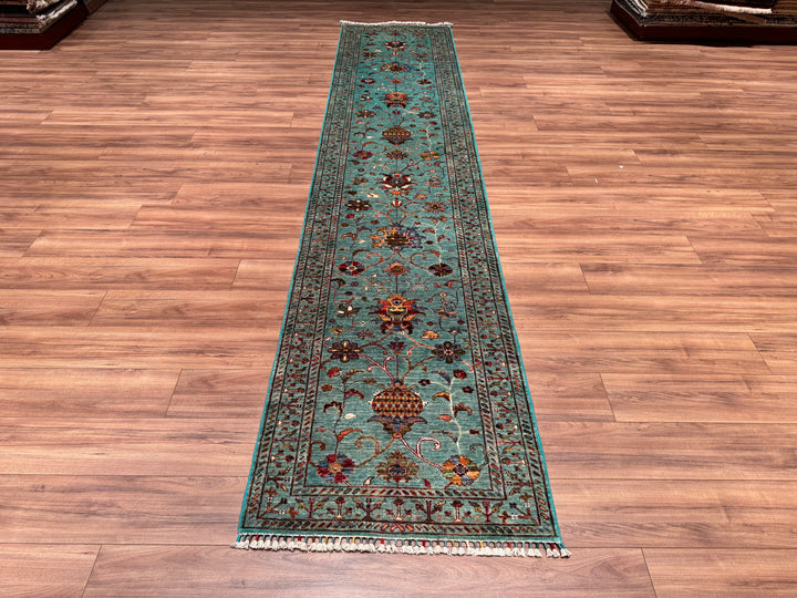 Sultani Floral Long Runner Original Hand Woven Turquoise Vegetable Dyed Wool Carpet 0.83x400 3.32 Square Meters - 2x13 ft