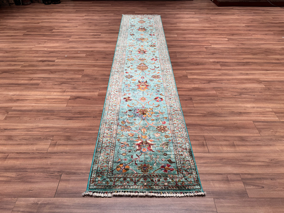 Sultani Floral Long Runner Original Hand Woven Turquoise Vegetable Dyed Wool Carpet 0.83x400 3.32 Square Meters - 2x13 ft