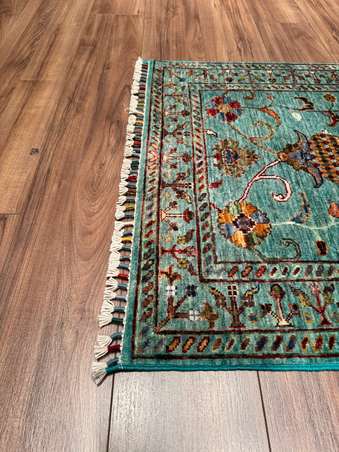 Sultani Floral Long Runner Original Hand Woven Turquoise Vegetable Dyed Wool Carpet 0.83x400 3.32 Square Meters - 2x13 ft