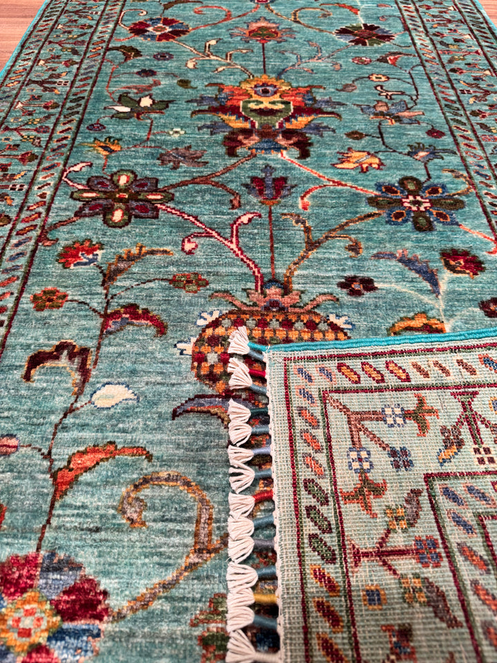 Sultani Floral Long Runner Original Hand Woven Turquoise Vegetable Dyed Wool Carpet 0.83x400 3.32 Square Meters - 2x13 ft