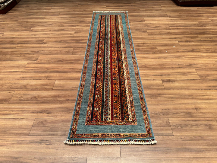 Shawl Original Hand Woven Runner Blue Vegetable Dyed Wool Carpet 0.78x310 2.42 Square Meters -2x10 ft