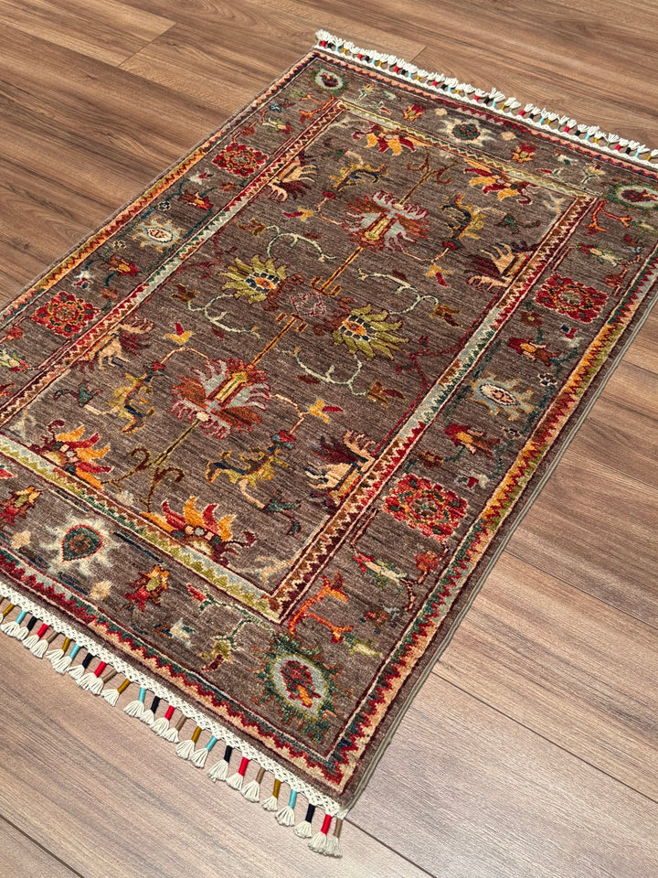 Sultani Binbirgece Orijinal El Dokuması Kahverengi Kök Boya Yün Halı 0.84x120 1.01 Metrekare - 3x4 ft