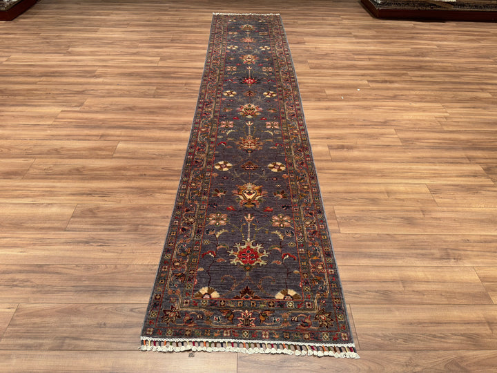 Sultani Floral Long Runner Original Hand Woven Gray Vegetable Dyed Wool Carpet 0.82x394 3.23 Square Meters - 2x13 ft