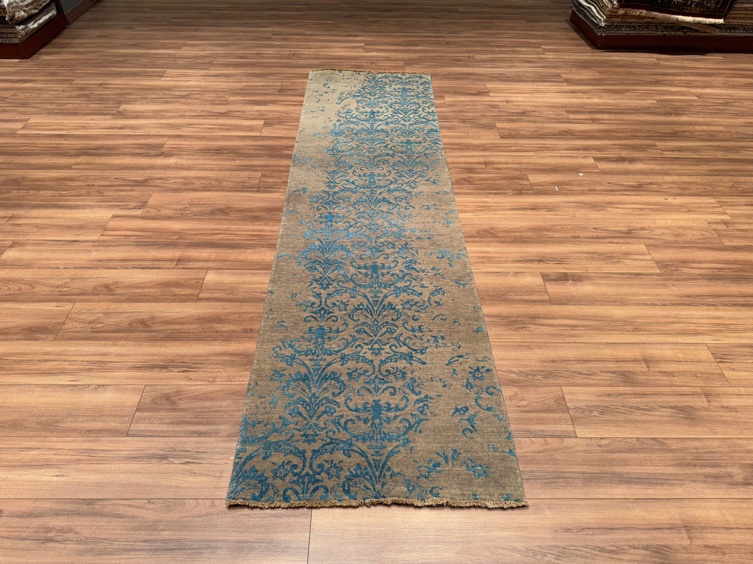 Fendi Original Hand Woven Runner Gray Blue Wool Bamboo Carpet 0.83x303 2.51 Square Meters - 2x10 ft