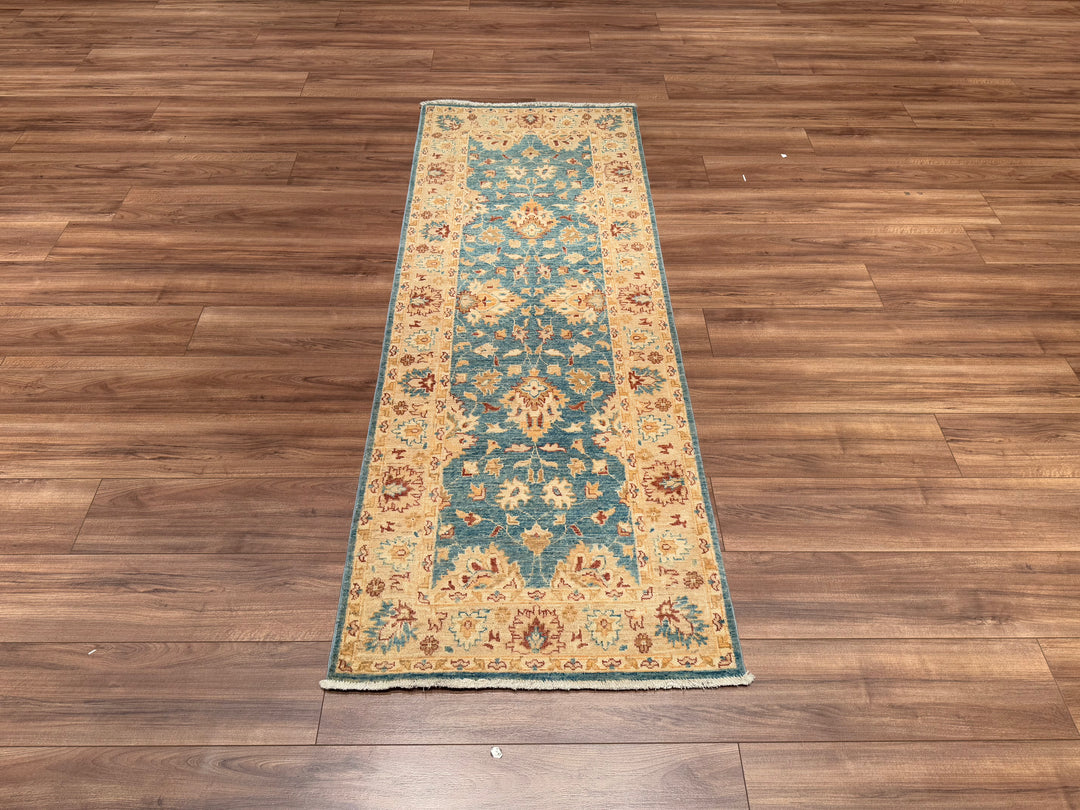 Uşak Original Hand Woven Runner Blue Cream Vegetable Dyed Wool Carpet 0.78x214 1.67 Square Meters - 2x7 ft