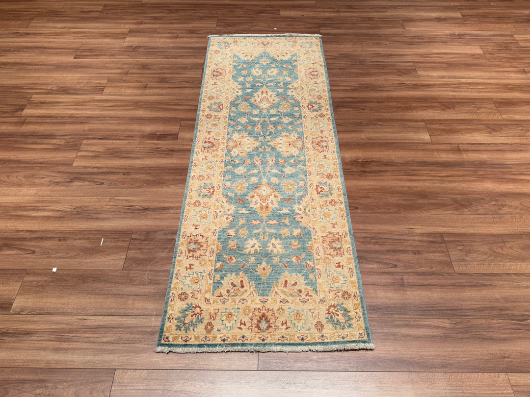 Uşak Original Hand Woven Runner Blue Cream Vegetable Dyed Wool Carpet 0.78x214 1.67 Square Meters - 2x7 ft