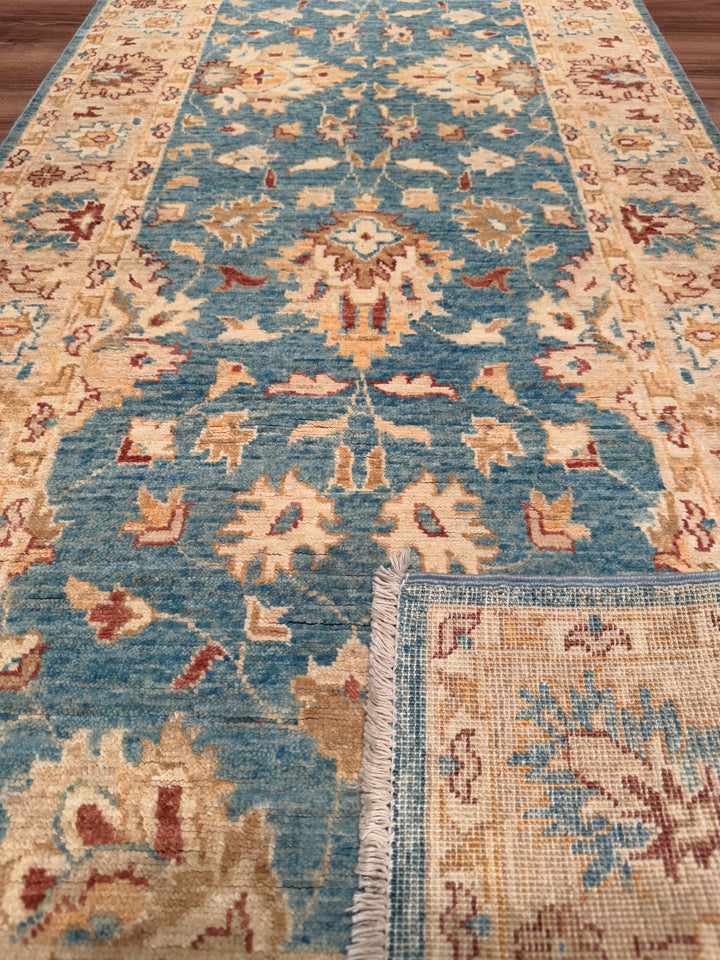 Uşak Original Hand Woven Runner Blue Cream Vegetable Dyed Wool Carpet 0.78x214 1.67 Square Meters - 2x7 ft