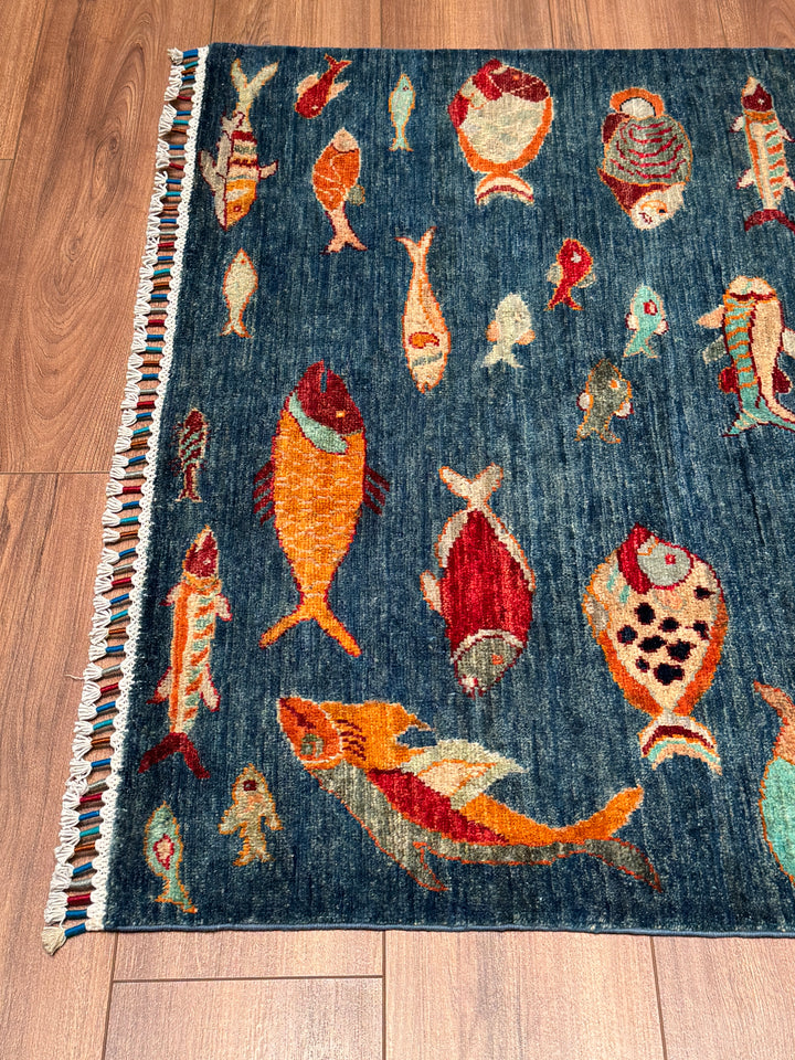 Balık Orijinal El Dokuması Mavi Kök Boya Yün Halı 102x146 1.49 Metrekare - 3x5 ft