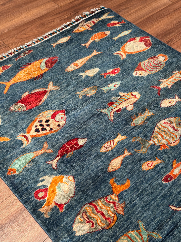 Balık Orijinal El Dokuması Mavi Kök Boya Yün Halı 102x146 1.49 Metrekare - 3x5 ft